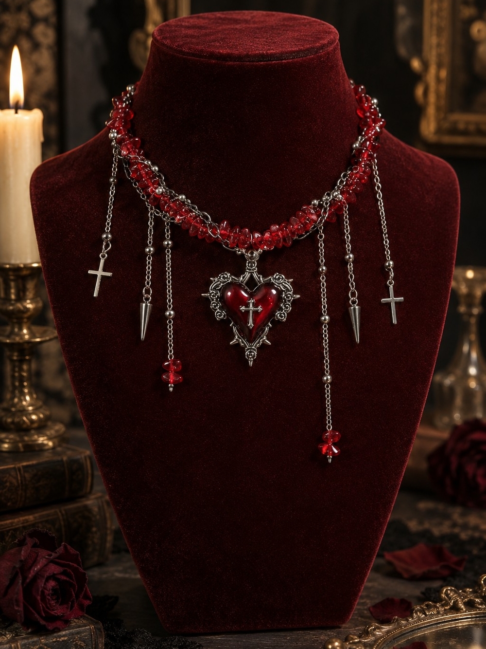 Vintage-Inspired Red Heart Pendant Necklace with Cross Accents